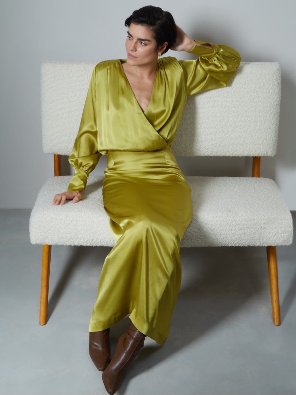 Elegant Yellow Silk-blend Maxi Dress with Wrap Bodice